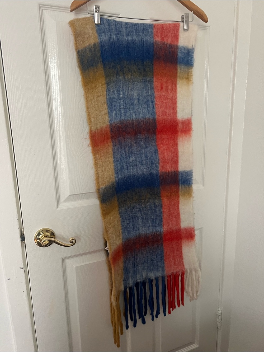 Antik Batik NWOT Multicolor Plaid Fringe Scarf - Blue, Red, Tan, Cream